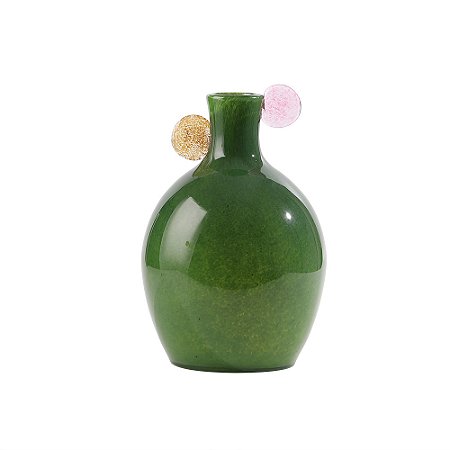 VASO DECORATIVO EM VIDRO VERDE DETALHE ROSA E AMARELO
