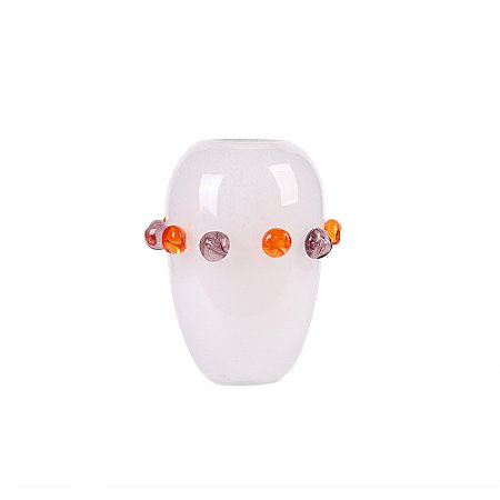 VASO DECORATIVO EM VIDRO BRANCO DETALHE LARANJA E ROXO