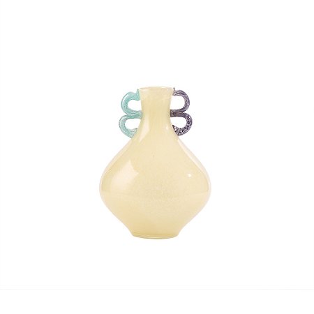 VASO DECORATIVO EM VIDRO BEGE COM ALCAS AZUL E ROXO