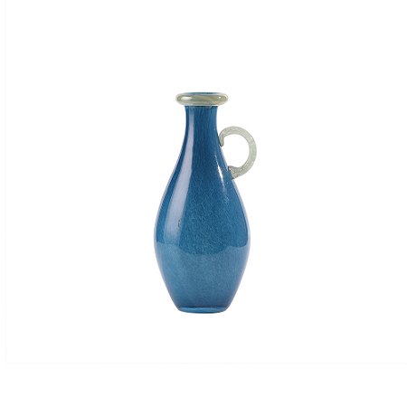 VASO DECORATIVO ESTILO JARRA EM VIDRO AZUL DETALHE BRANCO