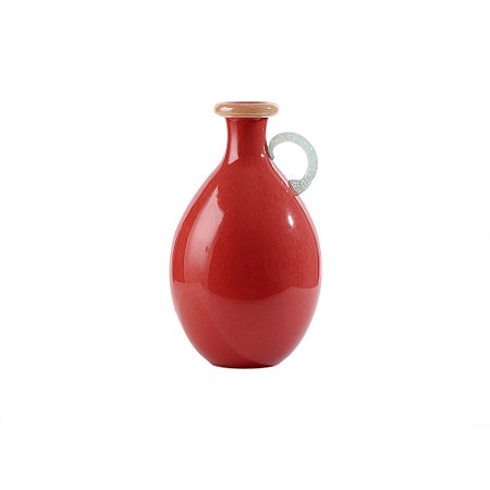 VASO DECORATIVO ESTILO JARRA EM VIDRO VERMELHO DETALHE BEGE E BRANCO