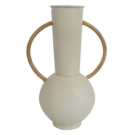 VASO DECORATIVO EM METAL COR CREME COM ALCAS MARROM 26,5CM X 18CM X 38CM
