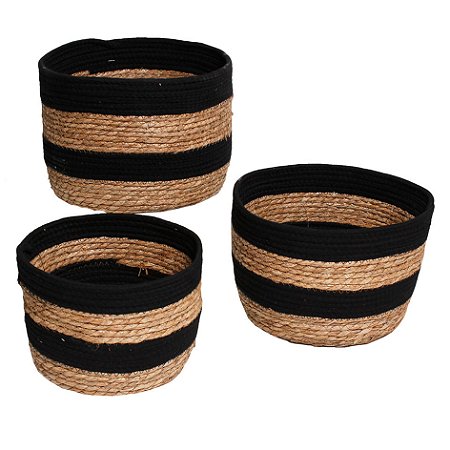 CJ DE CESTOS DE PALHA BEGE E PRETO 3PCS