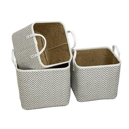 CONJ DE CESTOS DE PAPEL CINZA E BRANCO - 3 PCS