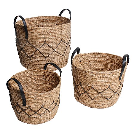 CONJ DE CESTOS DE FIBRA VEGETAL NATURAL - 3PCS