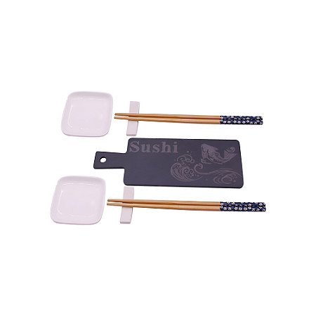 KIT DE COMIDA JAPONESA PARA 2 PESSOAS BAMBOO E CERAMICA BRANCO E PRETO 7PCS