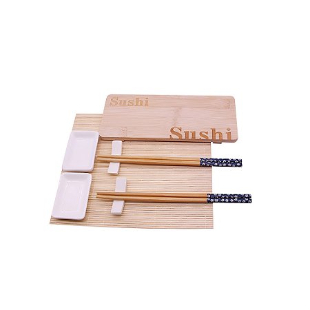 KIT DE COMIDA JAPONESA PARA 2 PESSOAS BAMBOO E CERAMICA NATURAL E BRANCO 8PCS