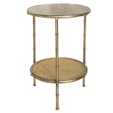 MESA LATERAL DE MADEIRA, METAL E RATTAN MARROM E DOURADA