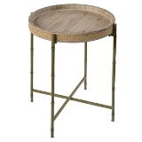 MESA LATERAL DE MADEIRA, METAL E RATTAN MARROM E DOURADA