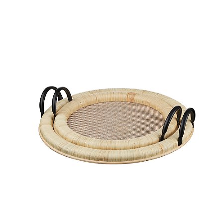 CJ DE BANDEJAS EM FIBRA NATURAL RATTAN E METAL PRETO 2PCS