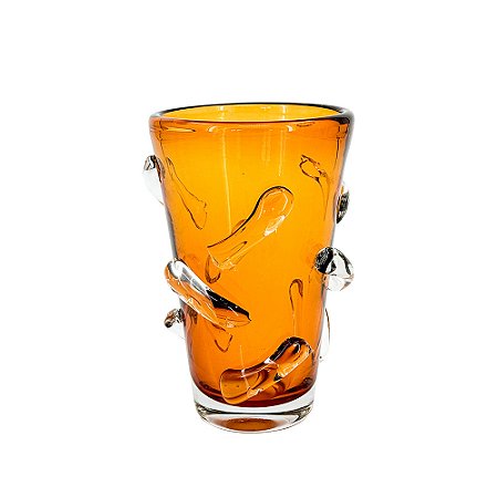 VASO DECORATIVO EM VIDRO AMBAR COM RELEVO ESTILO MURANO