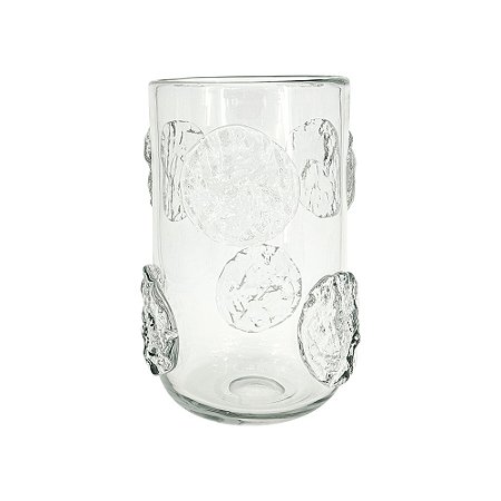VASO DECORATIVO EM VIDRO TRANSPARENTE COM DETALHES EM RELEVO ESTILO MURANO