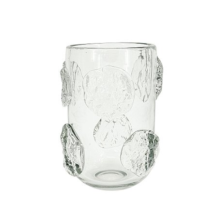 VASO DECORATIVO EM VIDRO TRANSPARENTE COM DETALHES EM RELEVO ESTILO MURANO