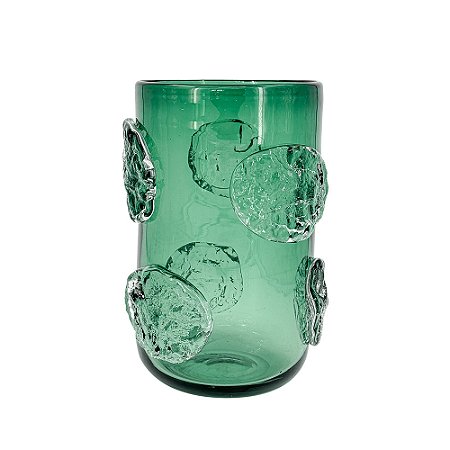 VASO DECORATIVO EM VIDRO VERDE COM DETALHES EM RELEVO ESTILO MURANO