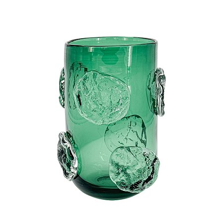VASO DECORATIVO EM VIDRO VERDE COM DETALHES EM RELEVO ESTILO MURANO