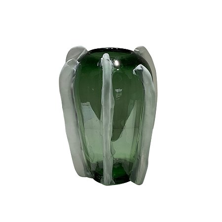 VASO DECORATIVO EM VIDRO COM DETALHE VERDE E FOSCO ESTILO MURANO