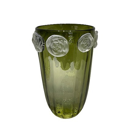 VASO DECORATIVO EM VIDRO COM DETALHE EM FLORES VERDE E FOSCO ESTILO MURANO