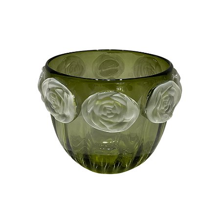 VASO DECORATIVO EM VIDRO COM DETALHE EM FLORES VERDE E FOSCO ESTILO MURANO