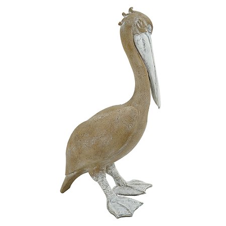 PELICANO DECORATIVO EM RESINA BEGE E BRANCO 23,8CM X 18,5CM X 43,5CM