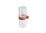 VASO CILINDRICO DE VIDRO COM FAIXA DE COURO TRANSPARENTE E MARROM
