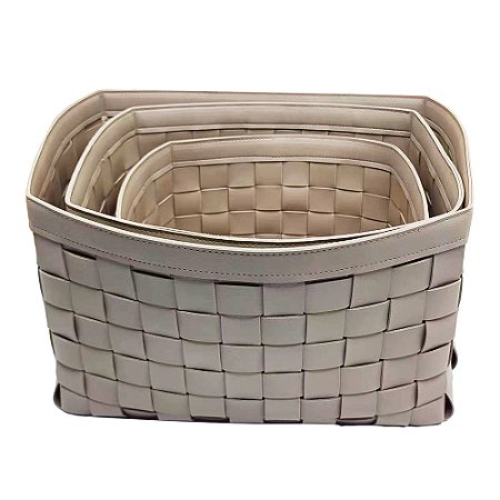 CJ DE 3 CESTOS DECORATIVOS EM PU CRU G37CM X 26CM X 24CM M32CM X 23CM X 22CM P26