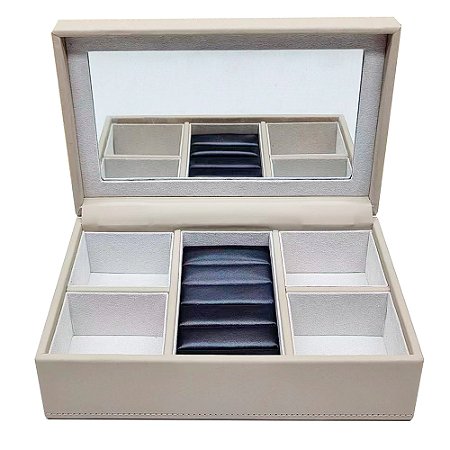 CAIXA PORTA JOIAS DECORATIVO EM MADEIRA PU E TECIDO CRU 22CM X 14CM X 7CM