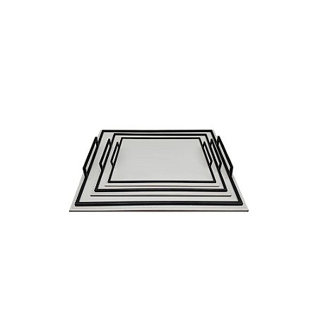 CJ DE BANDEJAS EM METAL E COURO SINTETICO PRETO E CINZA 3PCS