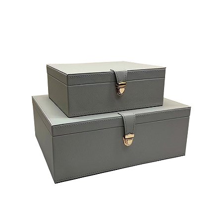 CJ DE CAIXAS DECORATIVAS EM MADEIRA REVESTIDA EM COURO SINTETICO CINZA 2PCS