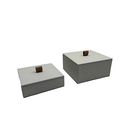 CJ DE CAIXAS DECORATIVAS EM MADEIRA REVESTIDA EM COURO SINTETICO CINZA 2PCS