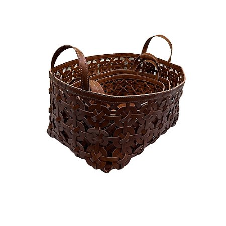 CJ DE CESTOS TRAMADOS EM COURO SINTETICO MARROM 3PCS