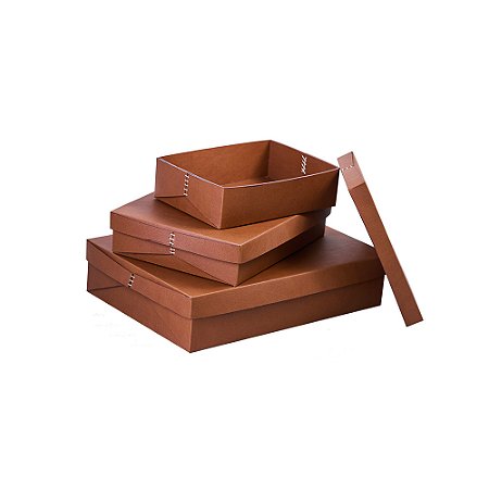 CJ DE CAIXAS DECORATIVAS EM COURO SINTETICO MARROM 3PCS