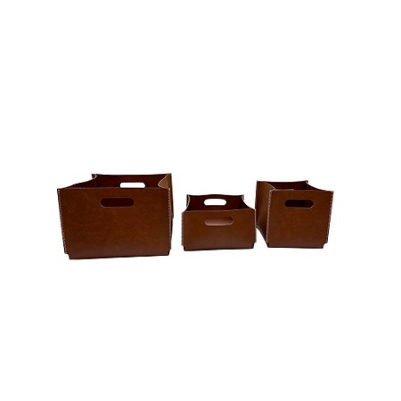 CJ DE CESTOS EM COURO SINTETICO MARROM 3PCS
