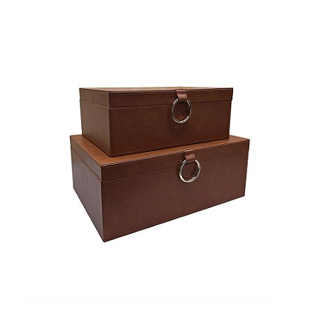 CJ DE CAIXAS DECORATIVAS EM COURO SINTETICO MARROM DETALHE PRATA 2PCS