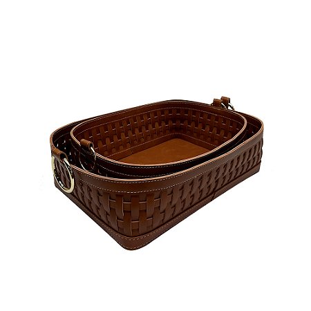 CJ DE CESTOS EM COURO SINTETICO MARROM ALCA PRATA 2PCS