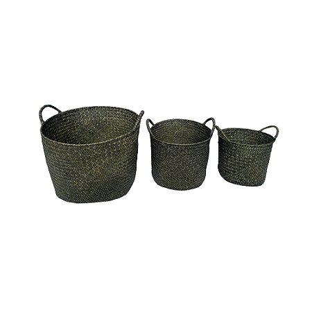 CJ DE CESTOS EM FIBRA VEGETAL TRANCADA VERDE 3PCS