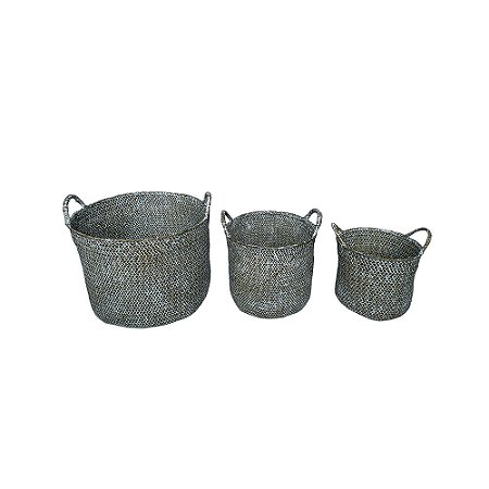 CJ DE CESTOS EM FIBRA VEGETAL TRANCADA MARROM E BRANCO 3PCS