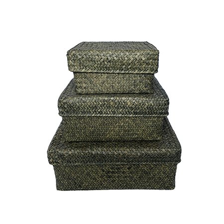 CJ DE CAIXAS DECORATIVAS EM FIBRA VEGETAL VERDE 3PCS