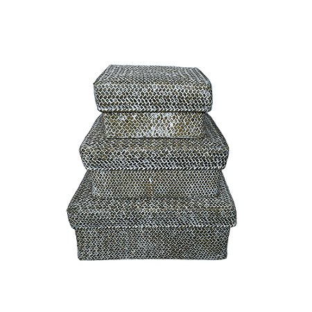 CJ DE CAIXAS DECORATIVAS EM FIBRA VEGETAL MARROM E BRANCO 3PCS