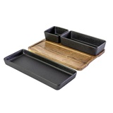 SET DE PORTA APERITIVOS DE CERAMICA PRETA E BASE DE MADEIRA - 3 PCS