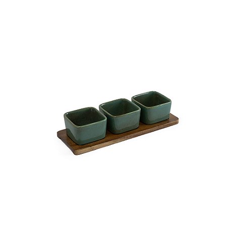 PETISQUEIRA EM MADEIRA E CERAMICA VERDE COM 3 BOWLS