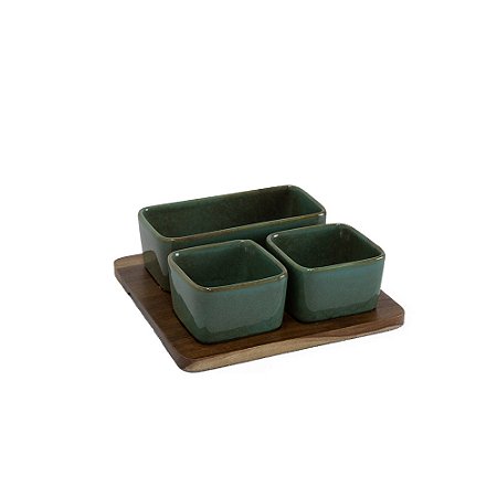 PETISQUEIRA EM MADEIRA E CERAMICA VERDE COM 3 BOWLS