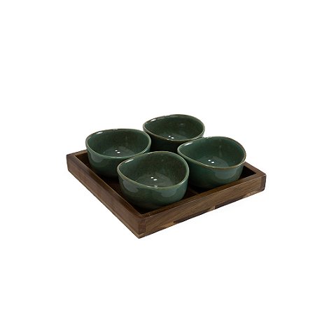 PETISQUEIRA EM MADEIRA E CERAMICA VERDE COM 4 BOWLS