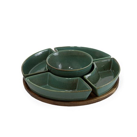PETISQUEIRA EM MADEIRA E CERAMICA VERDE COM 5 BOWLS