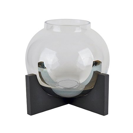 VASO DE VIDRO TRANSPARENTE COM BASE DE MADEIRA PRETA