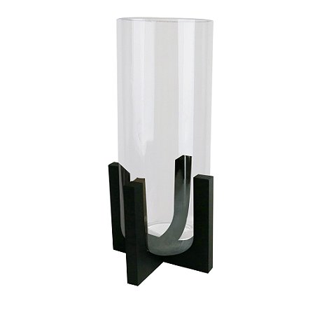 VASO DE VIDRO TRANSPARENTE COM BASE DE MADEIRA PRETA