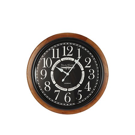 RELOIO DE PAREDE EM MADEIRA E VIDRO REDONDO COR NATURAL E PRETO 68X68X7CM