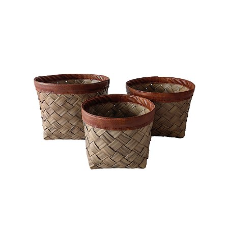 CJ DE CESTOS EM TIRAS E COURO SINTETICO MARROM 3PCS