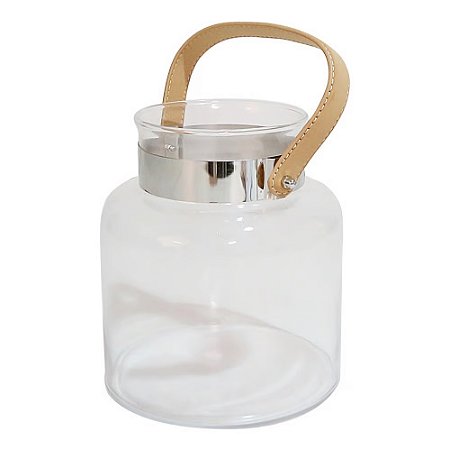 LANTERNA DECORATIVA CHINA VIDRO REDONDA COM ALÇA COURO D18CM X A21CM