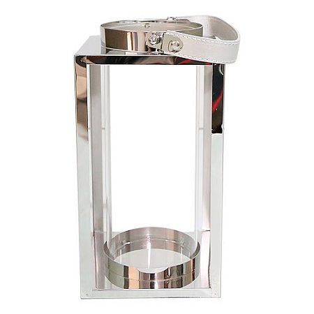 LANTERNA DECORATIVA CHINA ALUMINIO E VIDRO QUADRADA COM CILINDRO PRATA D14CM X A23CM