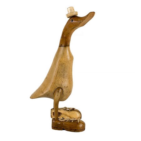ESCULTURA PATO COM CHAPÉU IMPORTADO MADEIRA NATURAL 40CM
